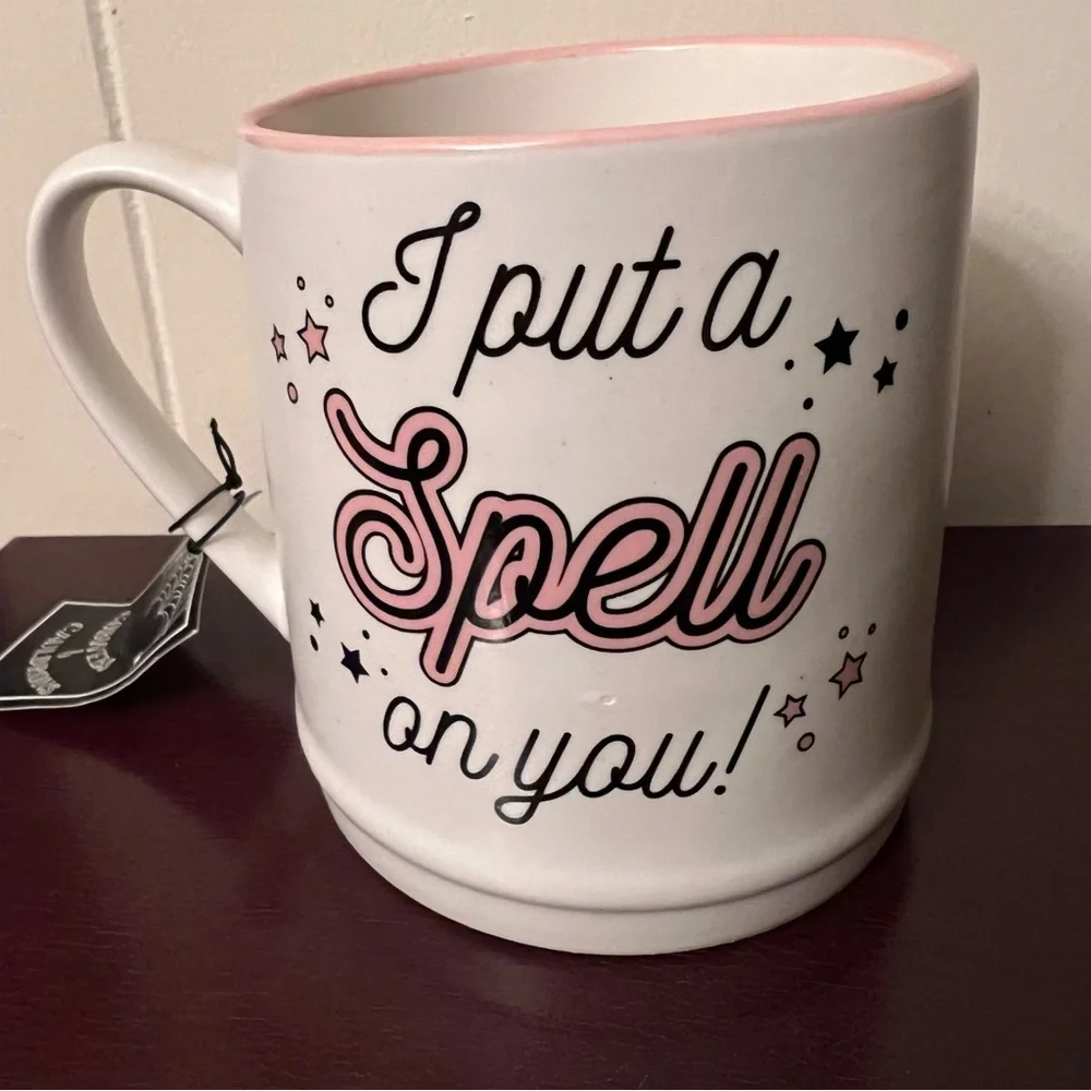 I put a spell on you mug white with black & pink graphic Halloween witch NWT